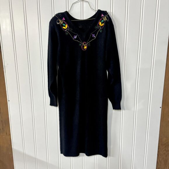Vintage R&K Dress Women Size Medium Sweater Navy Blue Sequin Midi Long Sleeve - Picture 5 of 6